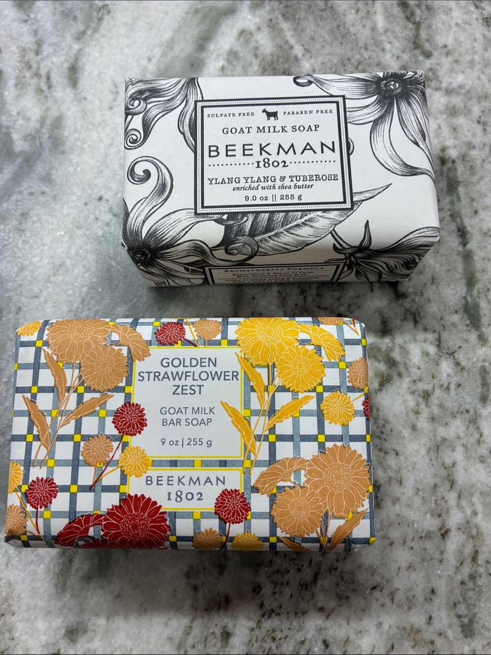 Beekman 1802 Bar Soaps in Black & White and Yellow/Red Floral Packaging